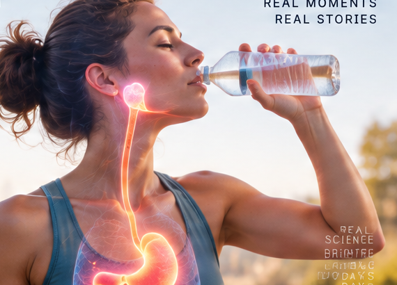 A woman drinks water while a glowing illustration traces what is happening inside her body.